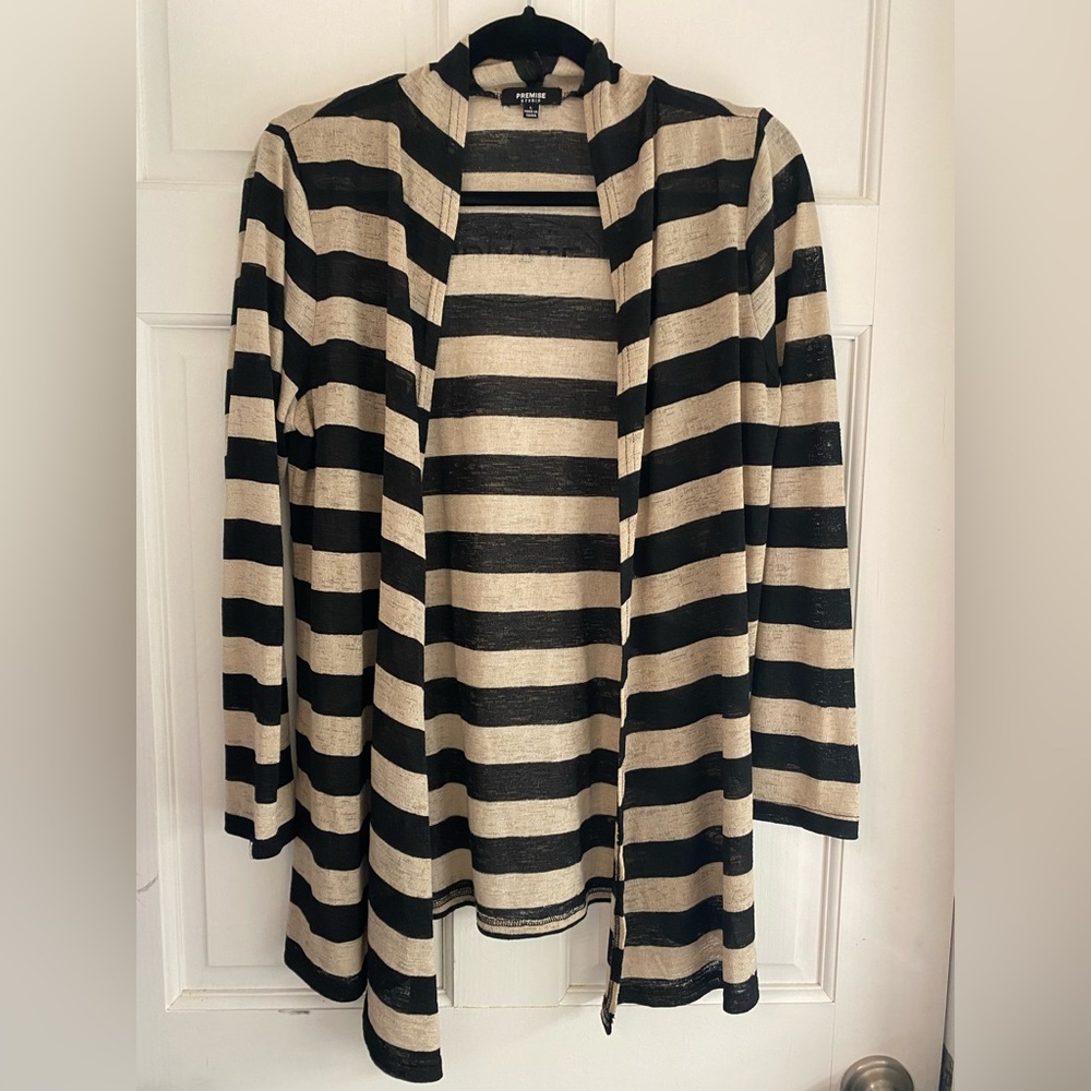 Premise Studio Black and Tan/Beige Striped Lightweight Open Cardigan Large/L E‎